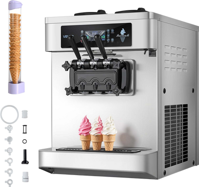 Vevor Commercial Ice Cream Machine 20-28 L/Hr 3-Flavor with Two 6L Hoppers New