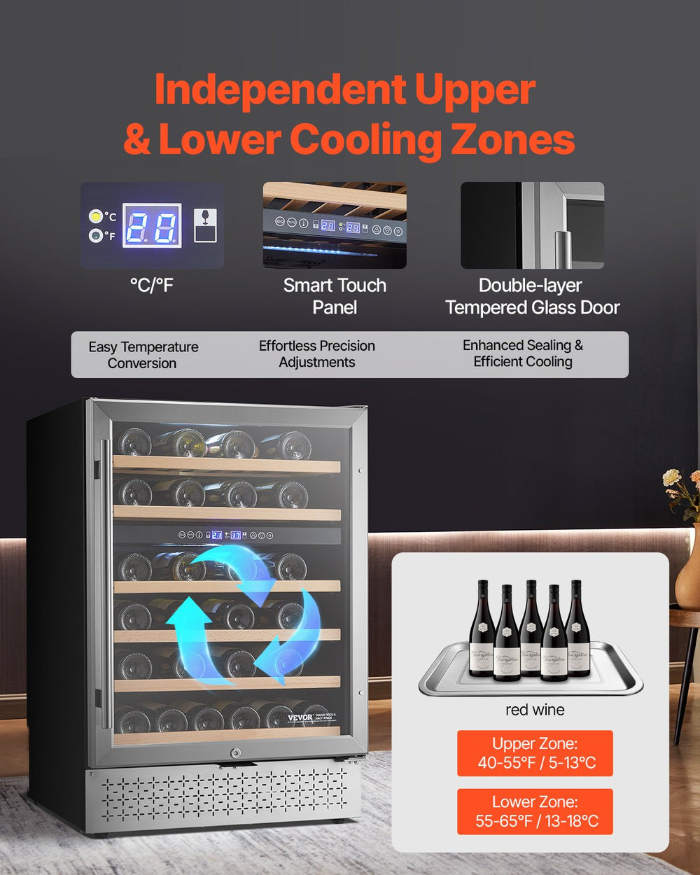 Vevor Wine Refrigerator Dual Zone 46 Bottle Cooler with Glass Door Temp Control New
