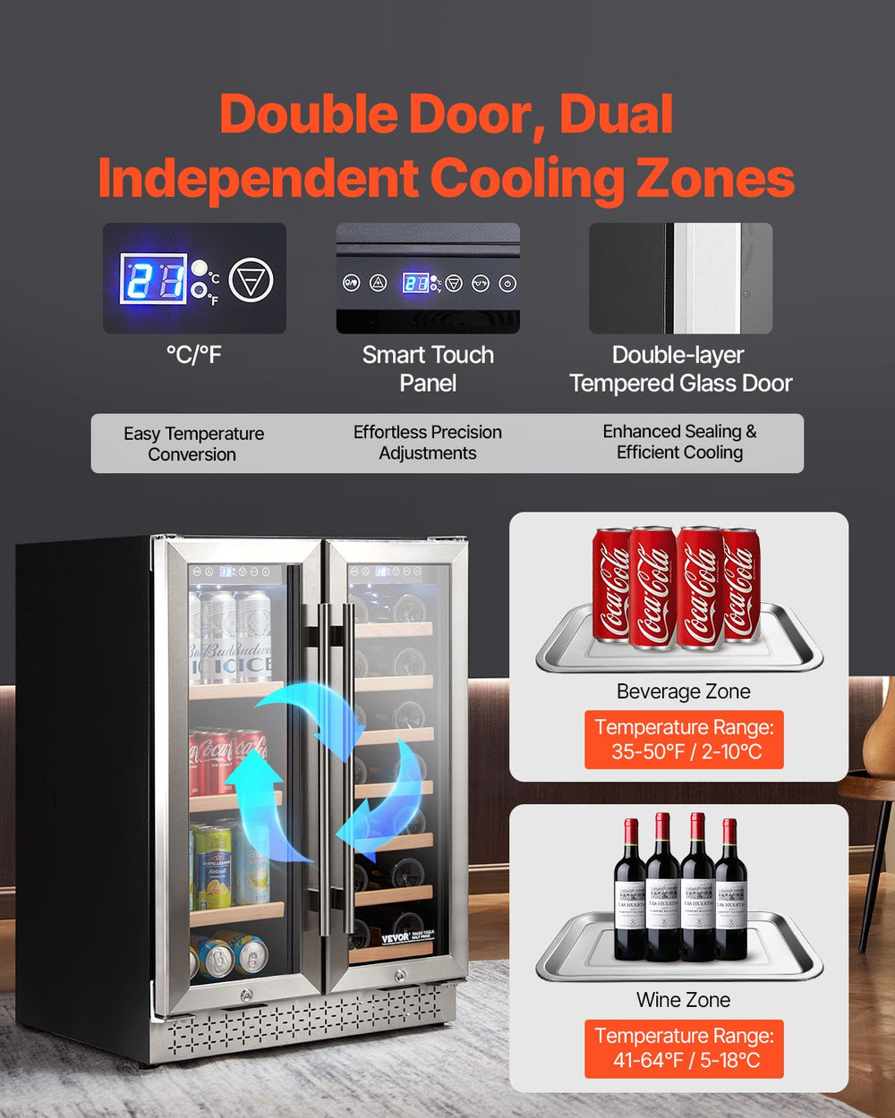Vevor Wine and Beverage Refrigerator Dual Zone Cooler with Glass Doors New