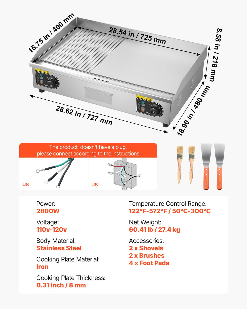 Vevor Electric Griddle 28.5 x 15.75 in. Grooved/Flat Top 122-570°F Adjustable Temp 2800W New