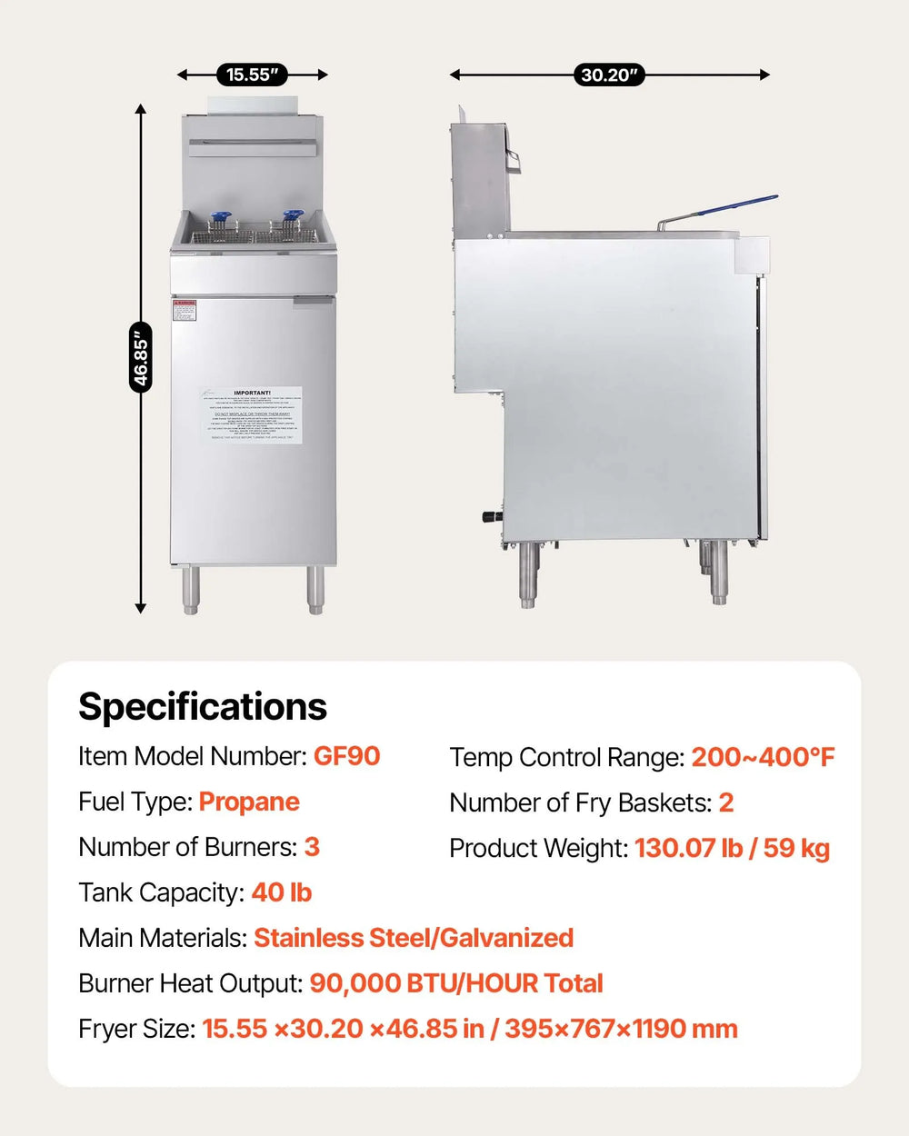 Vevor Commercial Deep Fryer 3-Burner 40 lbs Capacity Propane with Dual Baskets New