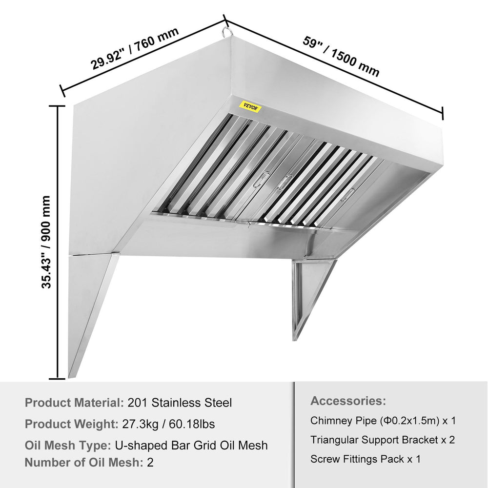 Vevor Commercial Exhaust Hood 5' Stainless Steel Food Truck Concession Trailer Hood New