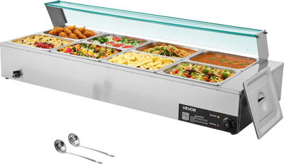Vevor Electric Food Warmer Stainless Steel with Glass Cover 8 Pan 1700W New