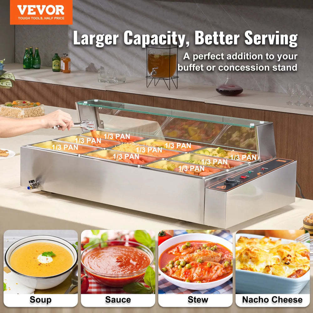 Vevor Commercial Food Warmer 9-Pan Steam Table with Glass Shield 1500W New