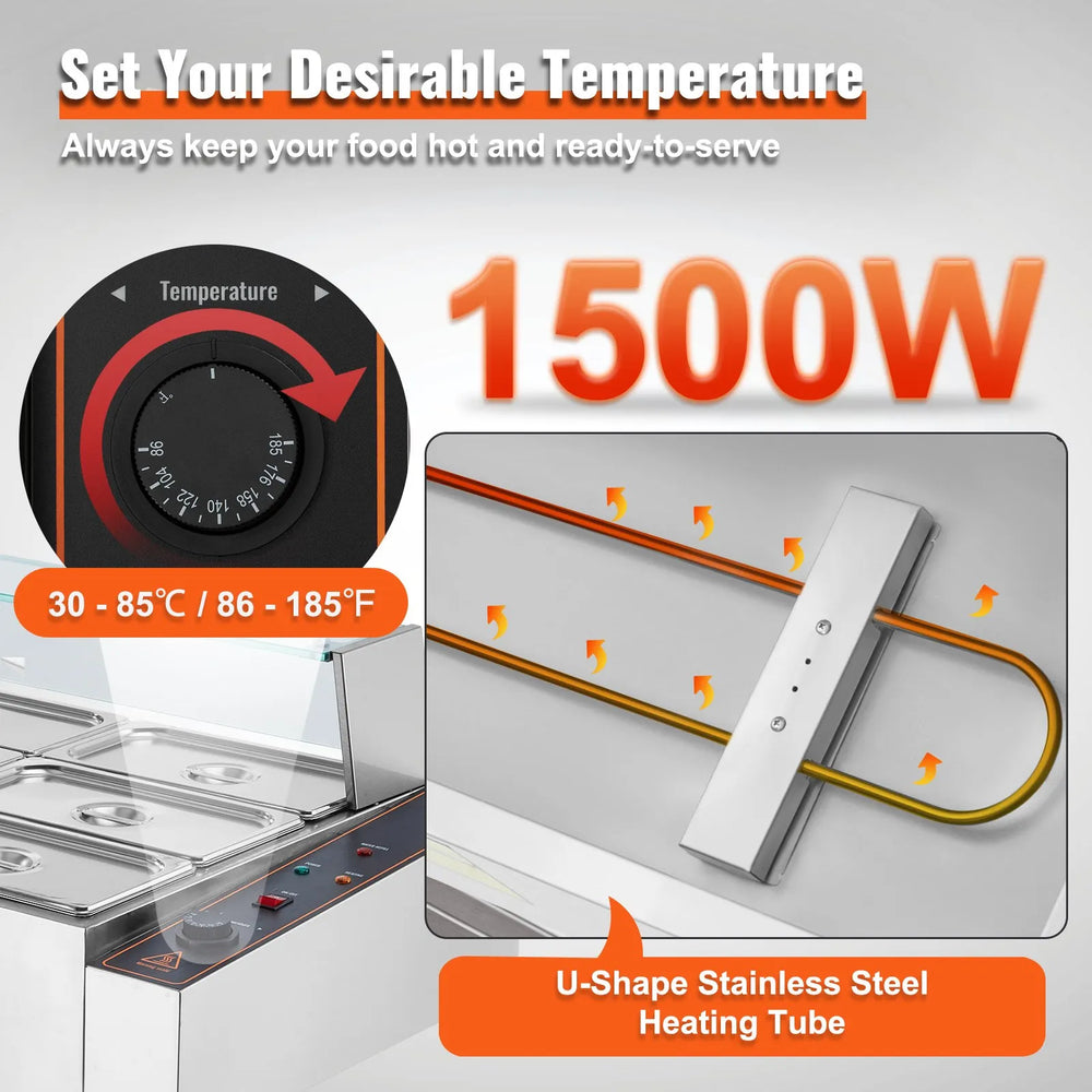 Vevor Commercial Food Warmer 9-Pan Steam Table with Glass Shield 1500W New