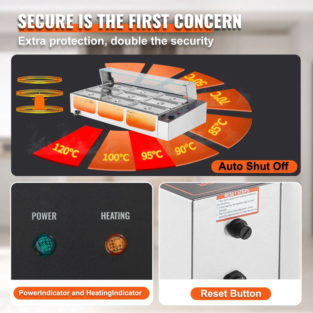 Vevor Commercial Food Warmer 9-Pan Steam Table with Glass Shield 1500W New