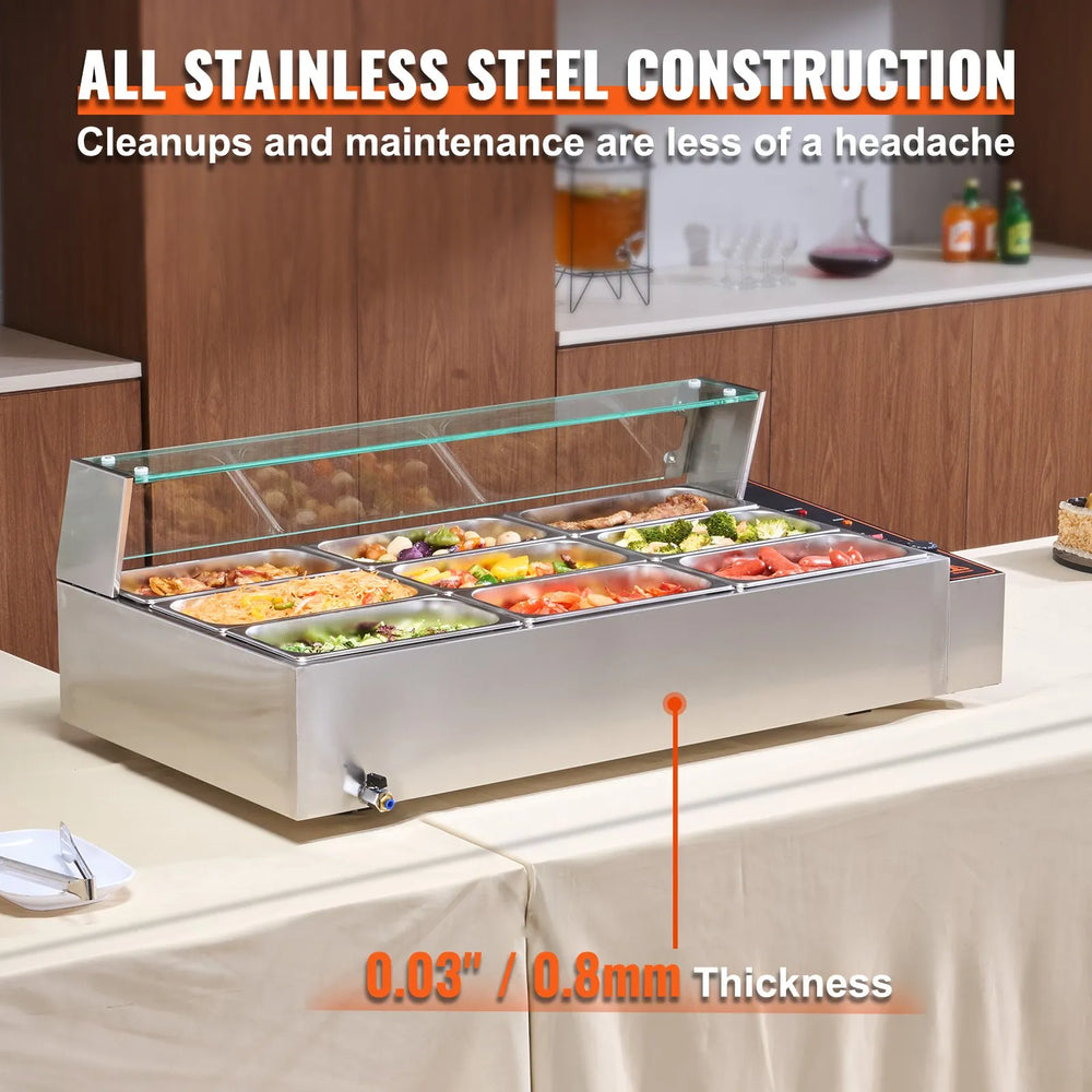 Vevor Commercial Food Warmer 9-Pan Steam Table with Glass Shield 1500W New