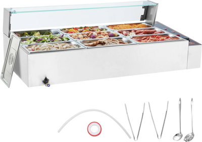 Vevor Commercial Food Warmer 9-Pan Steam Table with Glass Shield 1500W New
