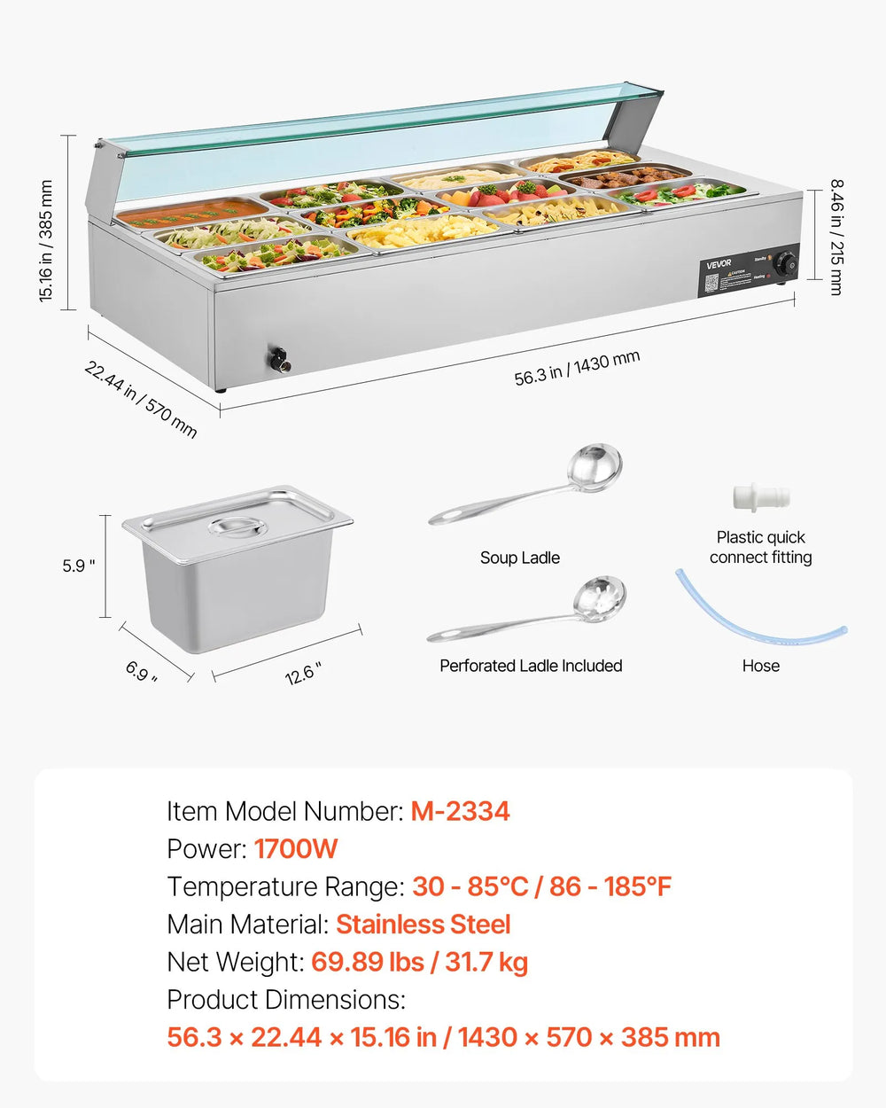 Vevor Food Warmer 12-Pan Electric Steam Table 86-185°F Temp Control 1700W New