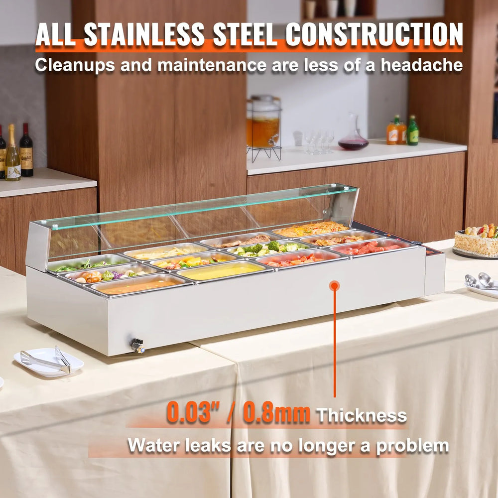 Vevor Electric Food Warmer Stainless Steel with Glass Cover 12 Pan 1700W New