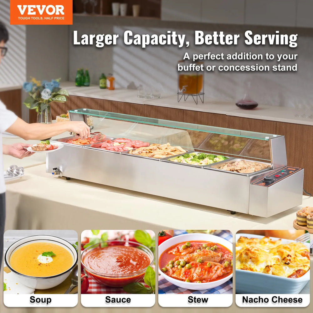 Vevor Commercial Electric Food Warmer 5 Pan 8 Qt Buffet with Glass Shield New