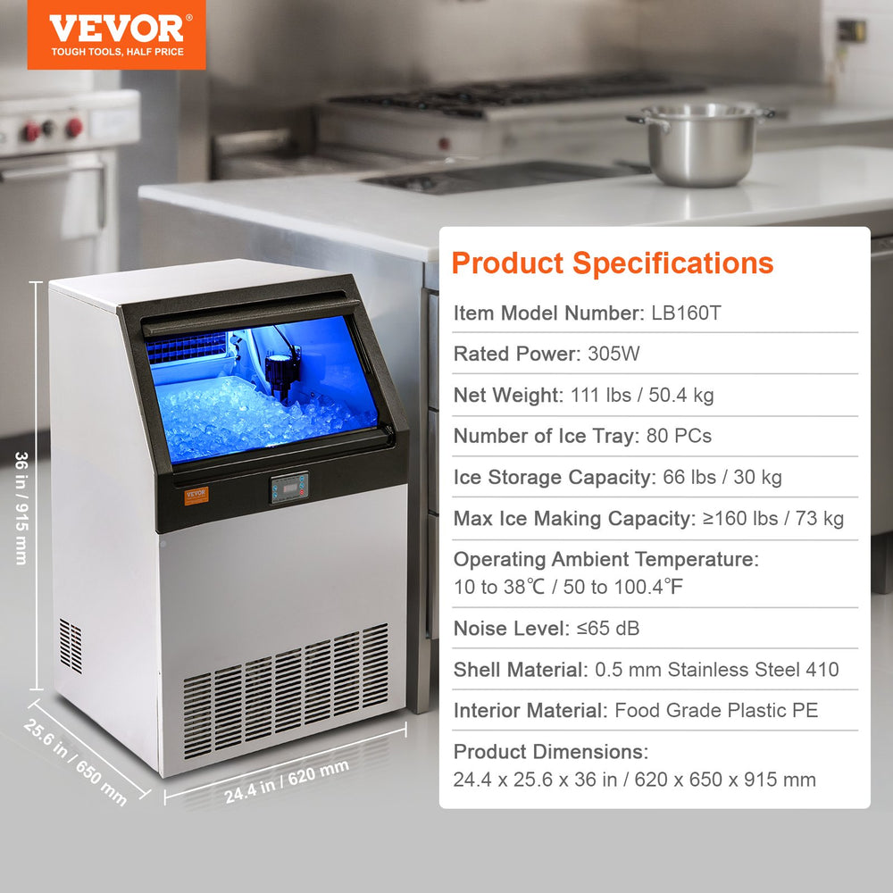 Vevor Commercial Ice Maker 160 Lbs./Day with 66 Lbs Storage Capacity Gravity Drainage New