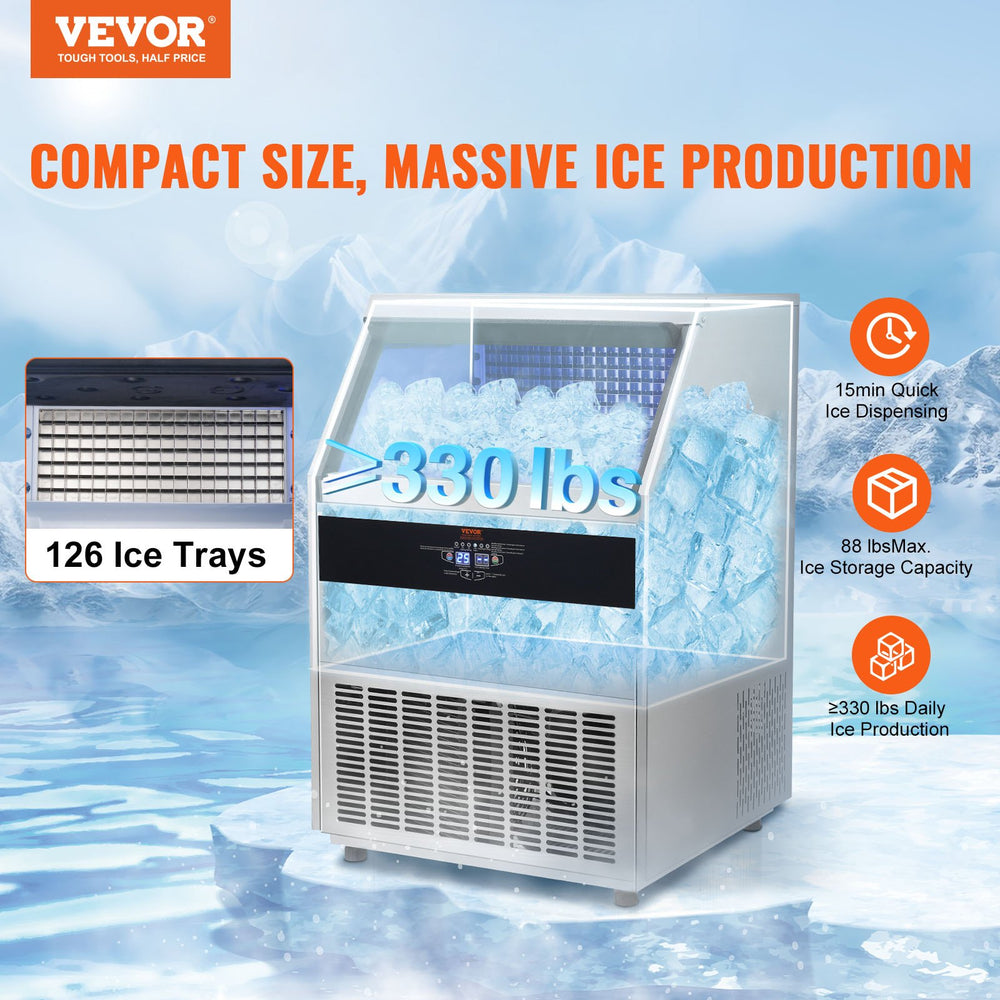 Vevor Commercial Ice Maker 330 Lbs./Day with 88 Lbs Storage Capacity Electric Drainage New