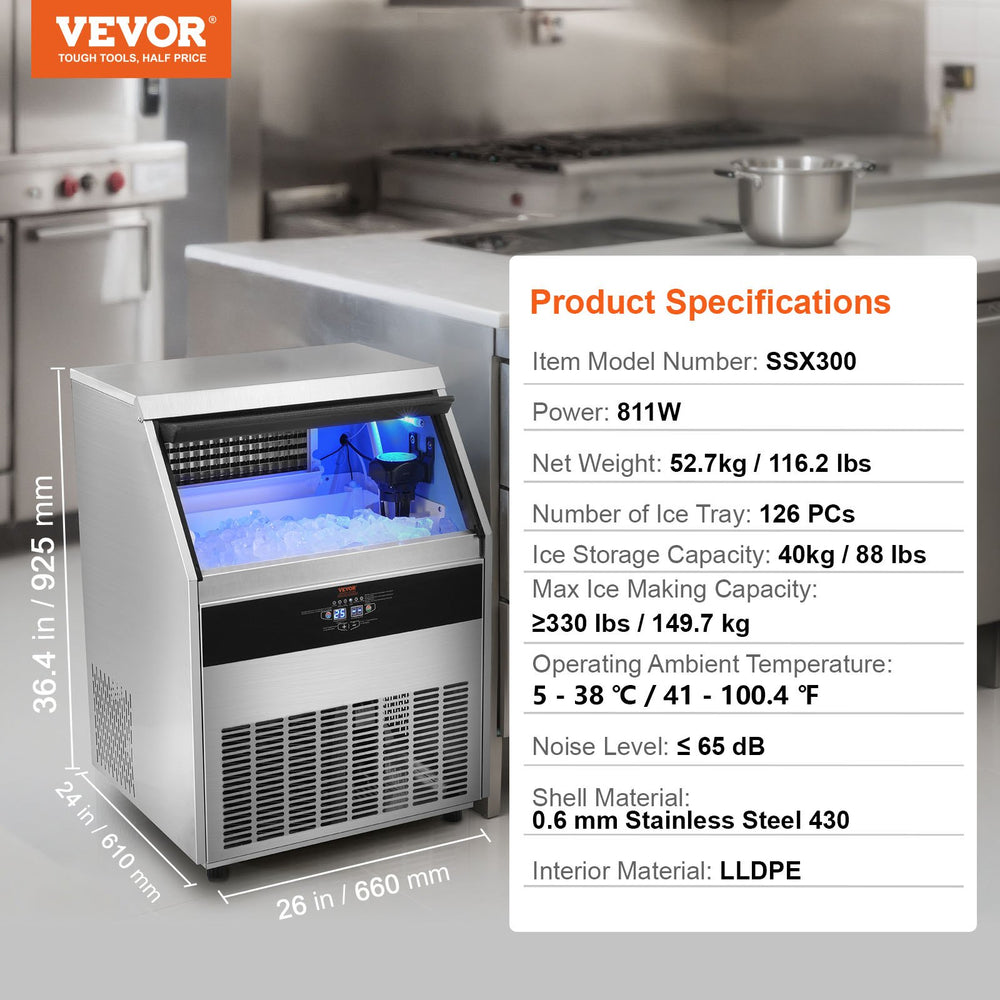 Vevor Commercial Ice Maker 330 Lbs./Day with 88 Lbs Storage Capacity Electric Drainage New