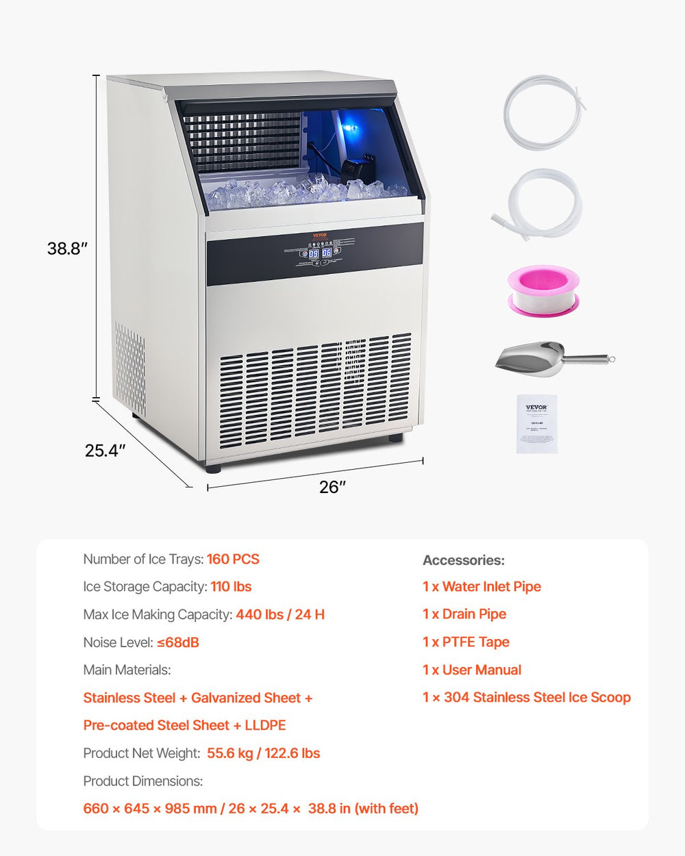 Vevor Commercial Ice Maker Freestanding Cabinet 440Lbs/24Hr with 110 Lbs Storage New