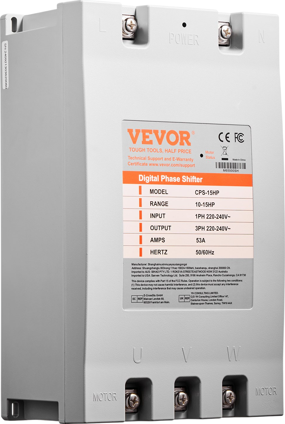 Vevor Digital Phase Converter Single to 3-Phase 15HP 53A 220V New