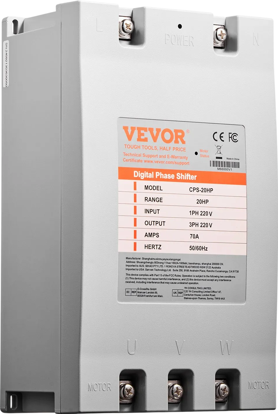 Vevor Digital Phase Shifter Single to 3-Phase Converter 20HP 70A 220V Input/Output New