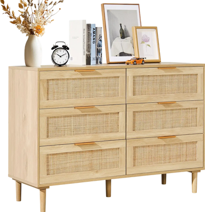 Vevor Rattan Dresser 6 Drawers Natural Wood 43
