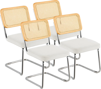 Vevor Rattan Dining Chairs Retro Velvet Accent with Rattan Back Set of 4 New