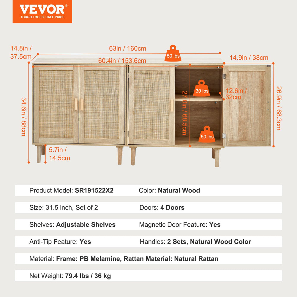 Vevor Rattan Cabinet 31.5" with Magnetic Doors and Adjustable Shelves Set of 2 New