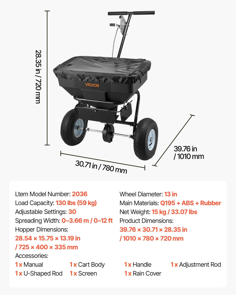Vevor Walk-Behind Spreader 12 ft. Broadcast Width 130 lb. Hopper with 13 in. Tires New