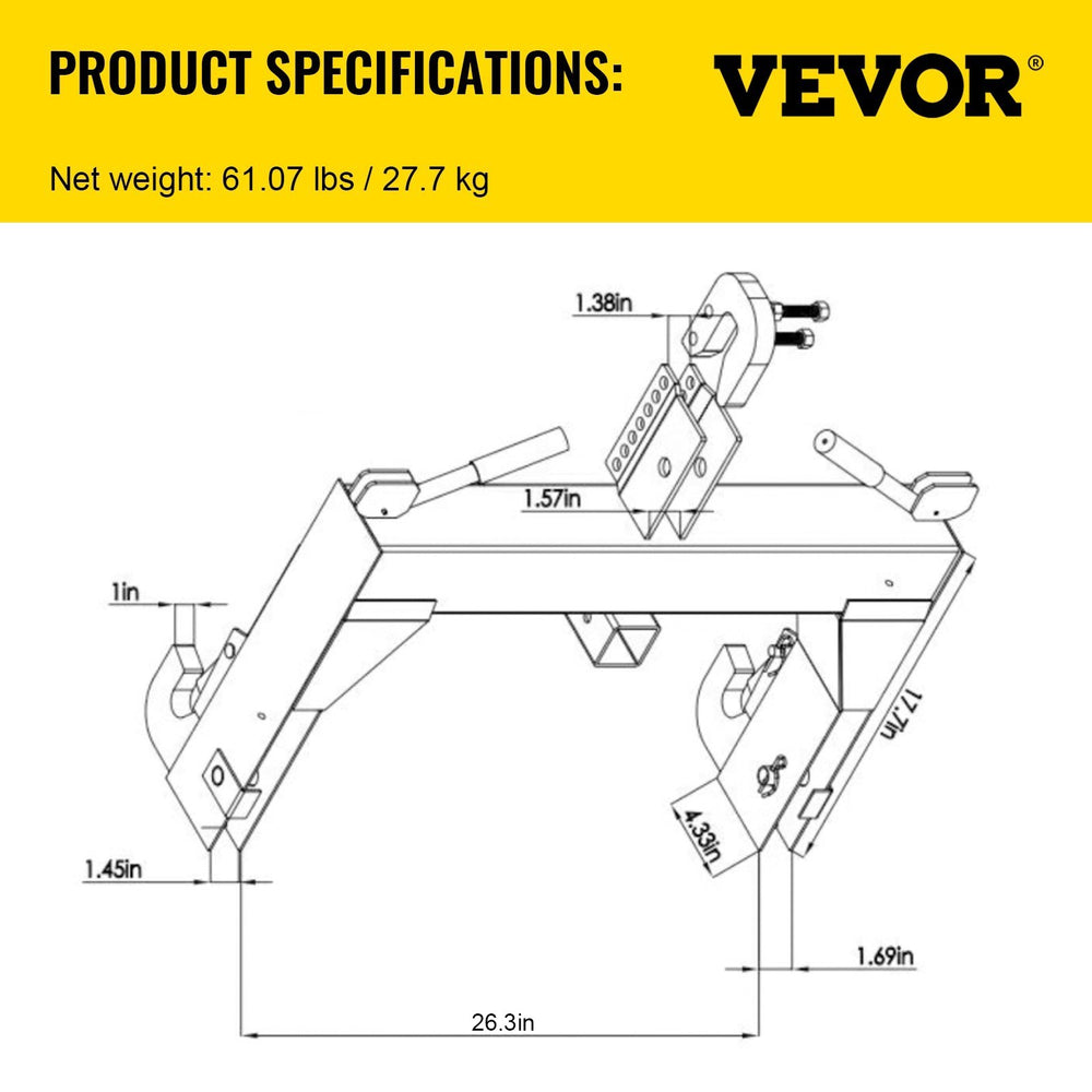 Vevor 3-Point Quick Hitch 3000 Lbs Capacity Adaptation to Category 1 & 2 Tractors New