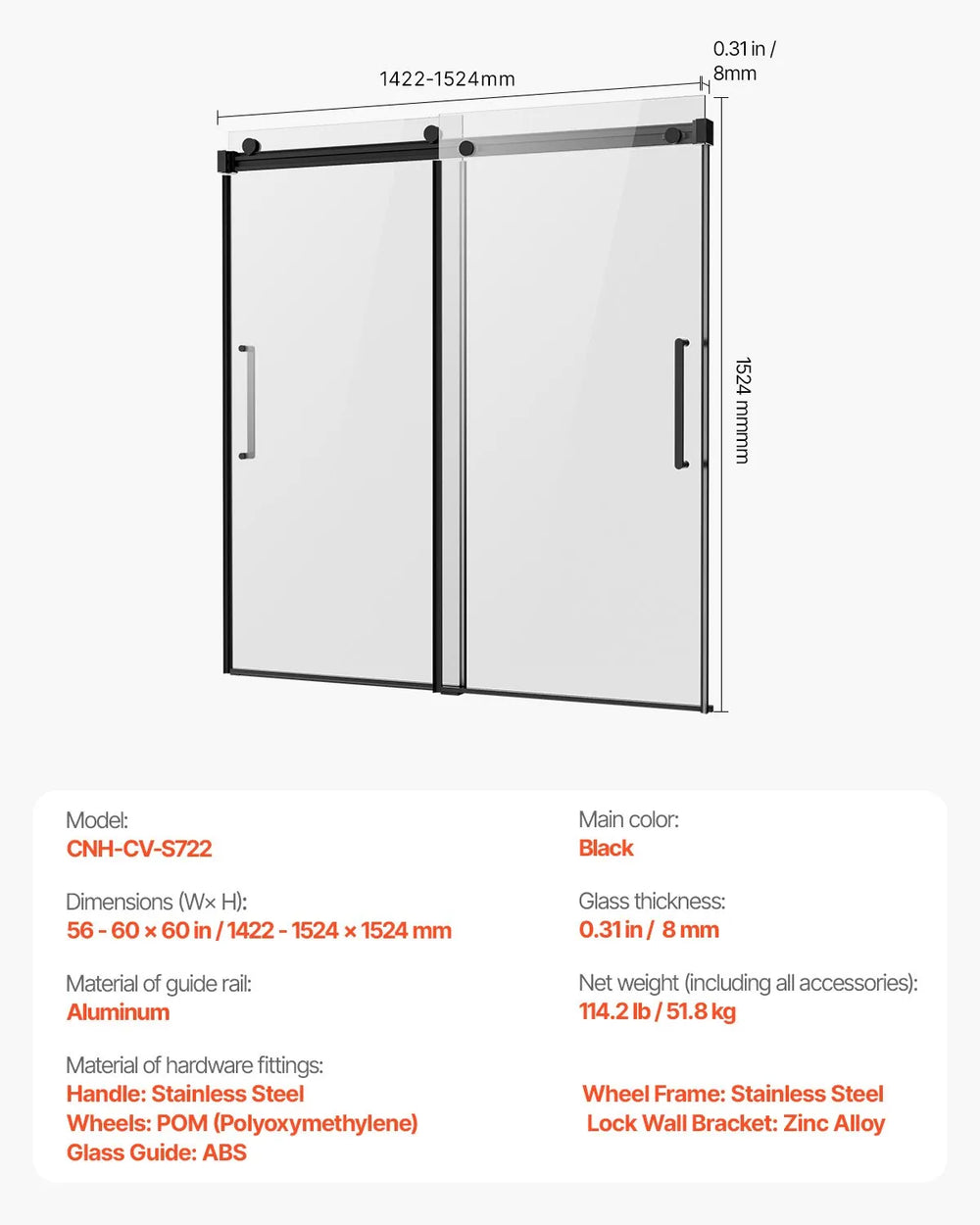 Vevor Bathtub Shower Door 56-60" x 60" Frameless Sliding 8mm Tempered Glass New