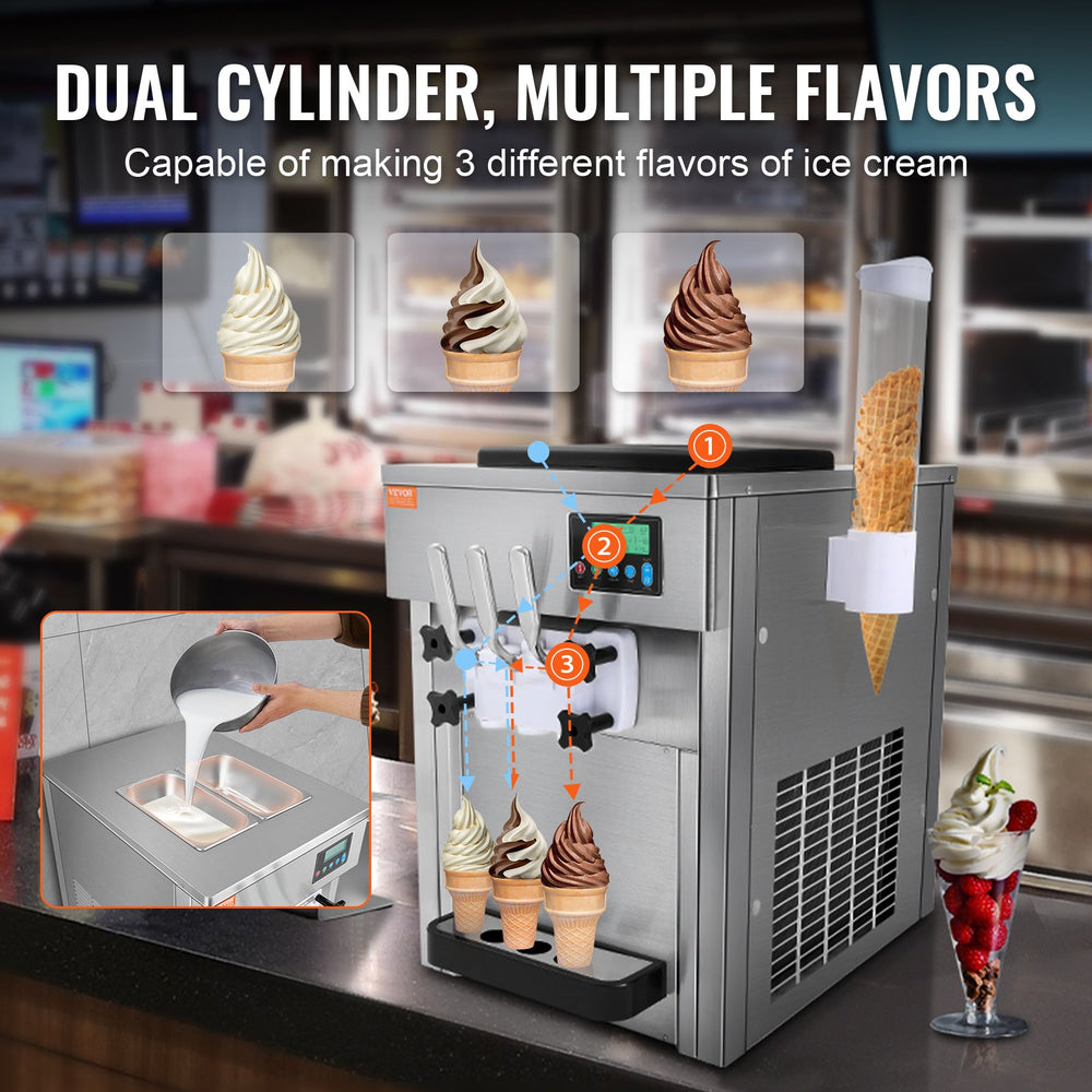 Vevor Commercial Ice Cream Machine 5.3 Gal/H Yield 3-Flavor 2 Hopper 1800W New