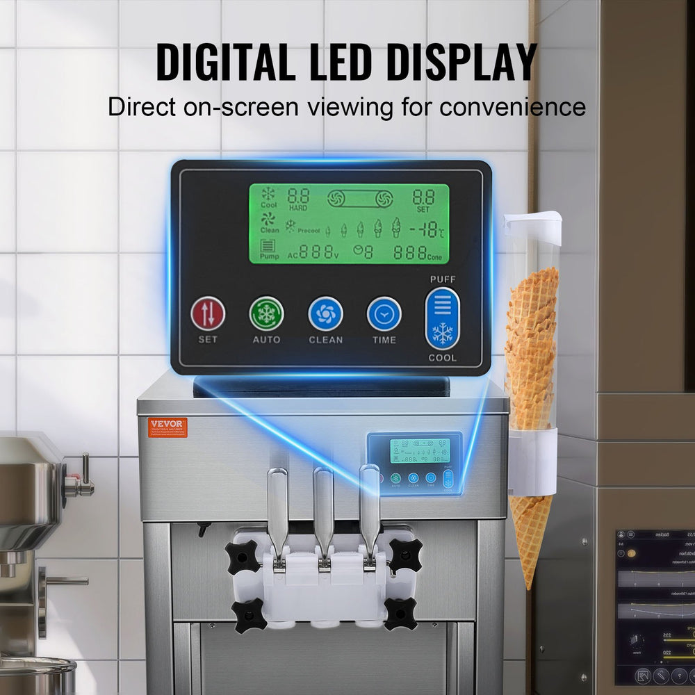 Vevor Commercial Ice Cream Machine 5.3 Gal/H Yield 3-Flavor 2 Hopper 1800W New