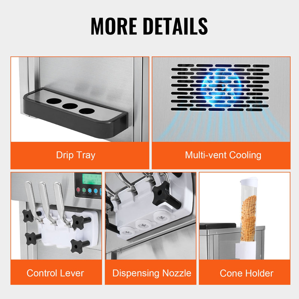 Vevor Commercial Ice Cream Machine 5.3 Gal/H Yield 3-Flavor 2 Hopper 1800W New