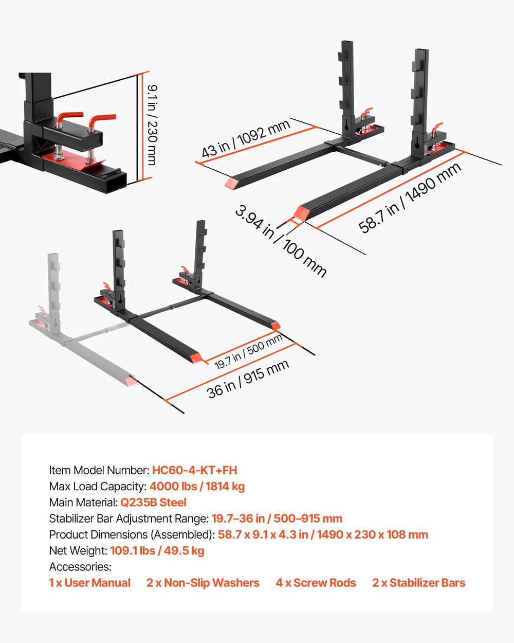 Vevor Clamp-On Pallet Forks 43 in. 4,000 lbs Capacity with Anti-Tilt Bar New