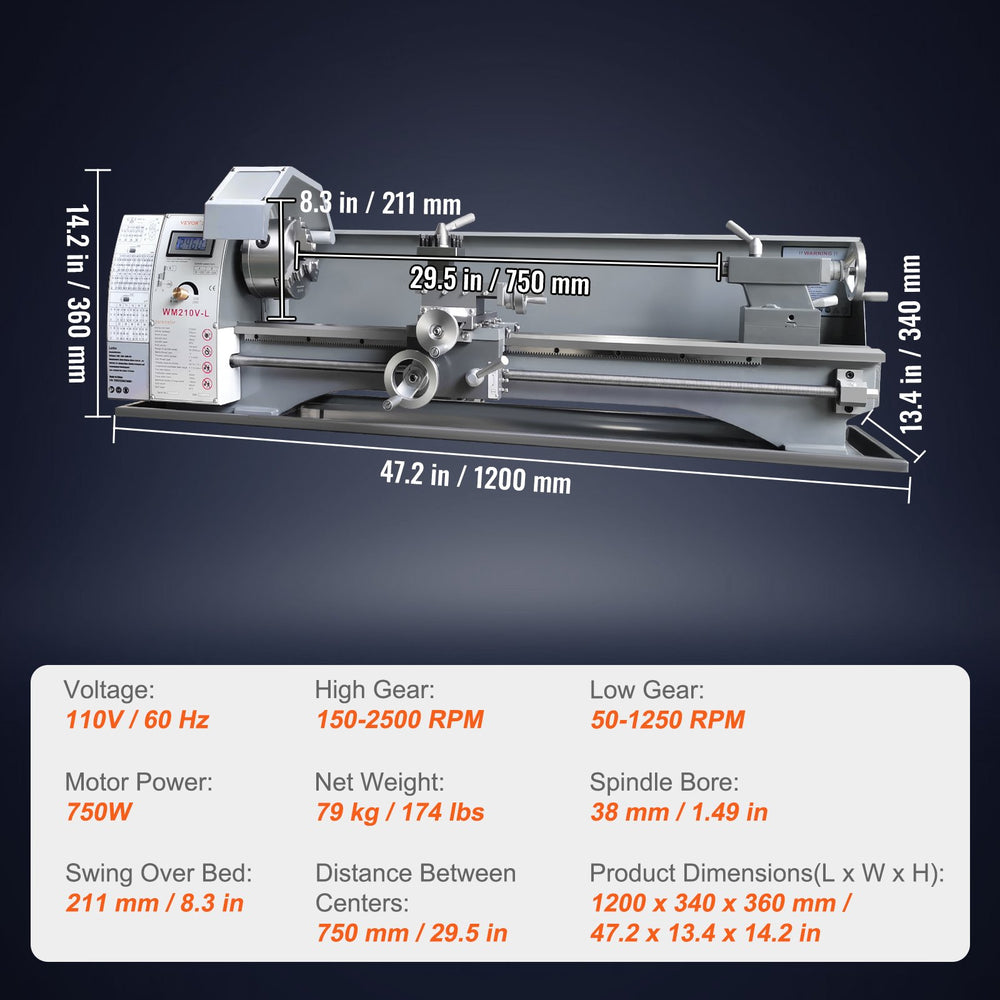 Vevor Metal Lathe 8.3" x 29.5" Continuously Variable Speed 0-2500 RPM 750W New