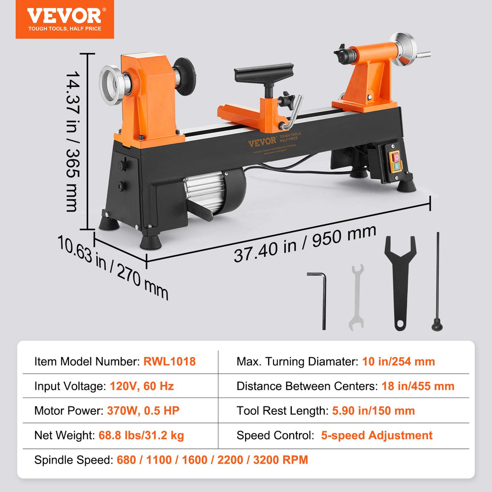 Vevor Benchtop Wood Lathe 10" x 18" 5-Speed Variable 1/2HP 370W New