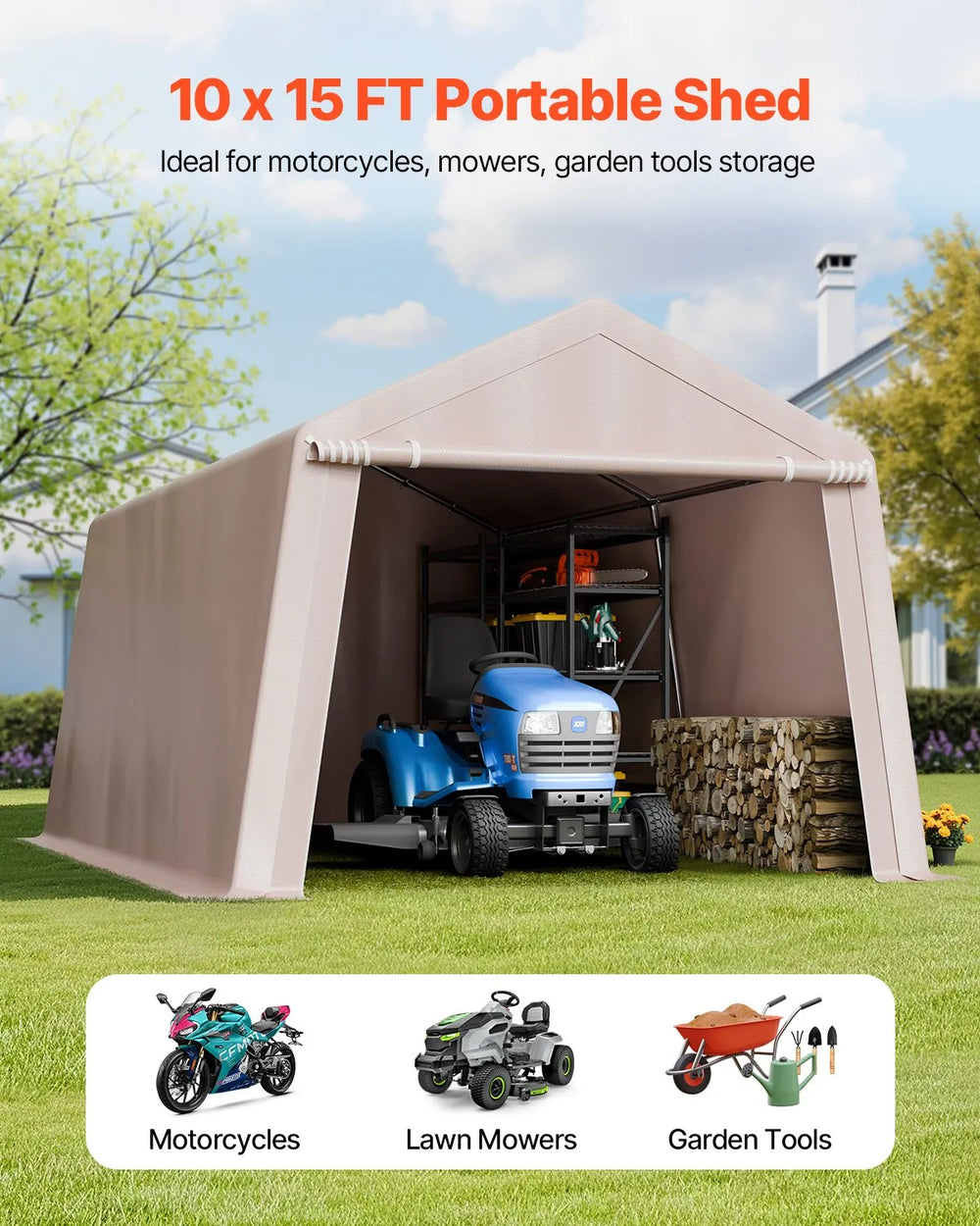 Vevor Outdoor Storage Shed 10 x 15 ft with Roll-up Door Waterproof New