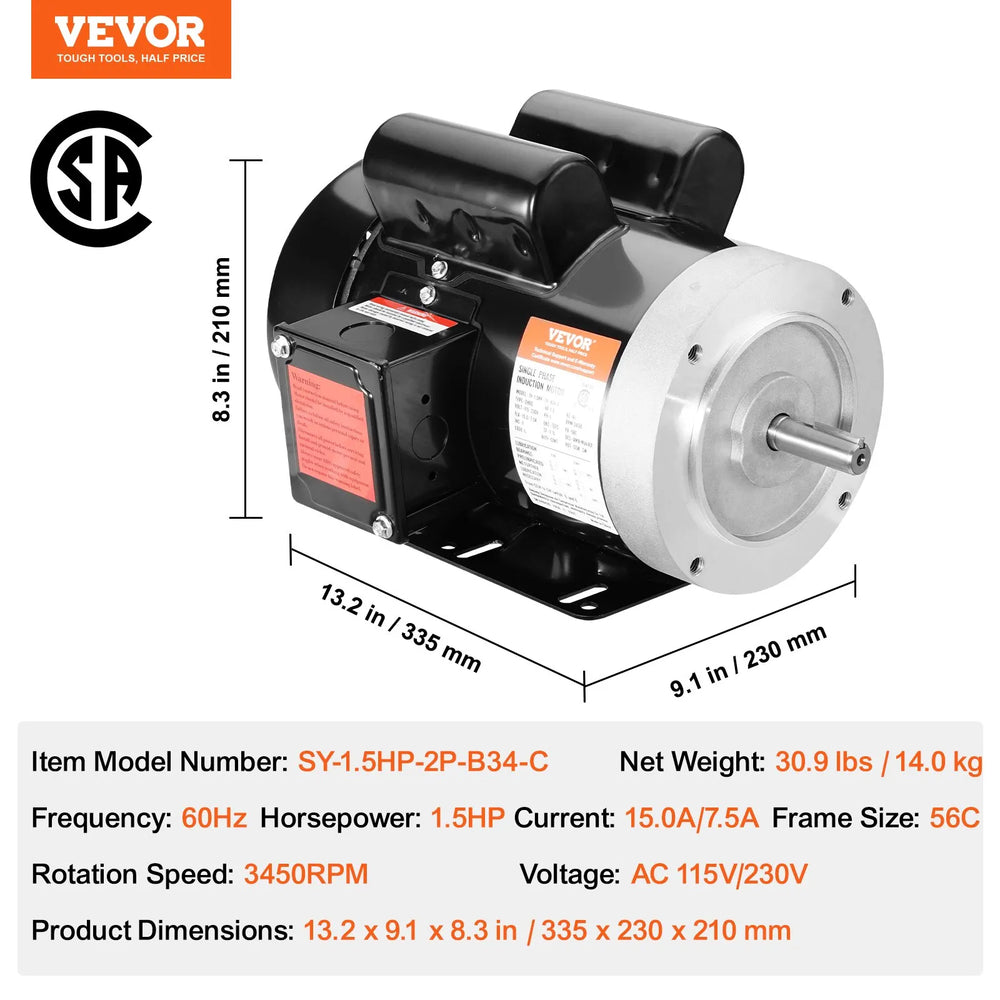 Vevor Electric Motor 1.5 HP 3450 RPM 56C Frame 5/8" Keyed Shaft Single Phase 115/230V New