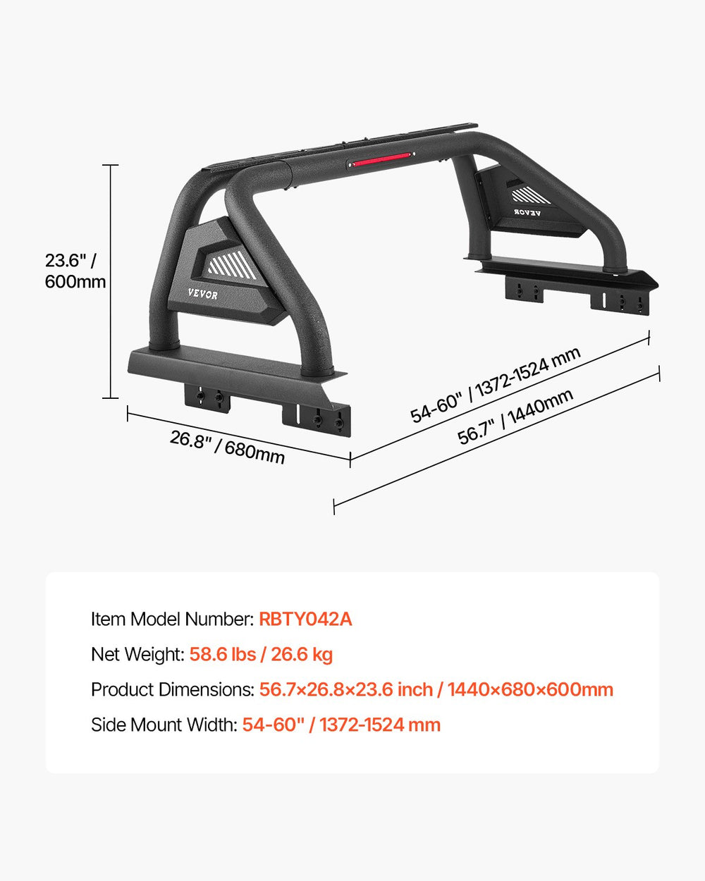 Vevor Truck Bed Roll Bar Universal Chase Rack with Light for Mid-Size Pickup New
