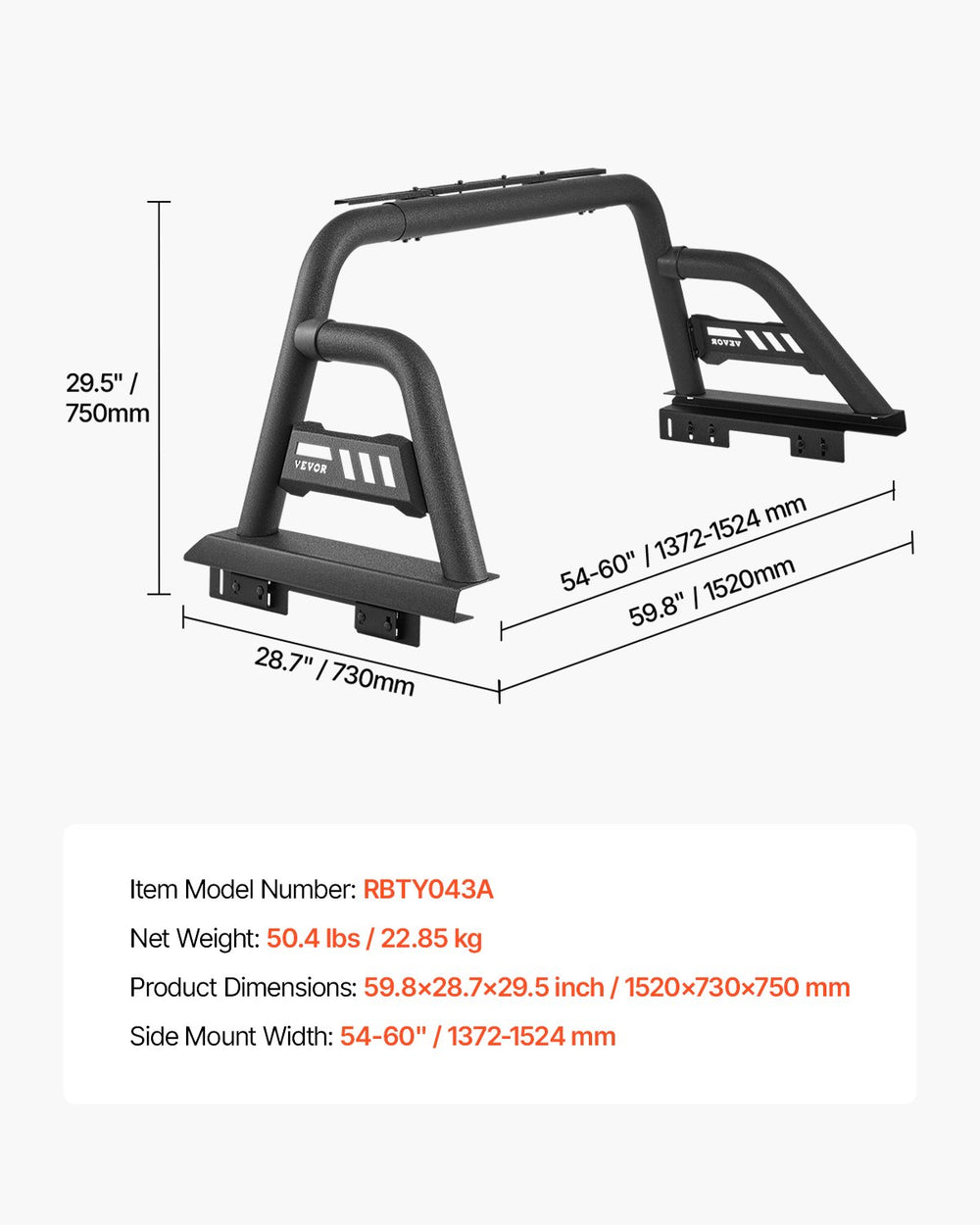 Vevor Truck Bed Roll Bar Universal Chase Rack for Mid-Size Pickup Carbon Steel New