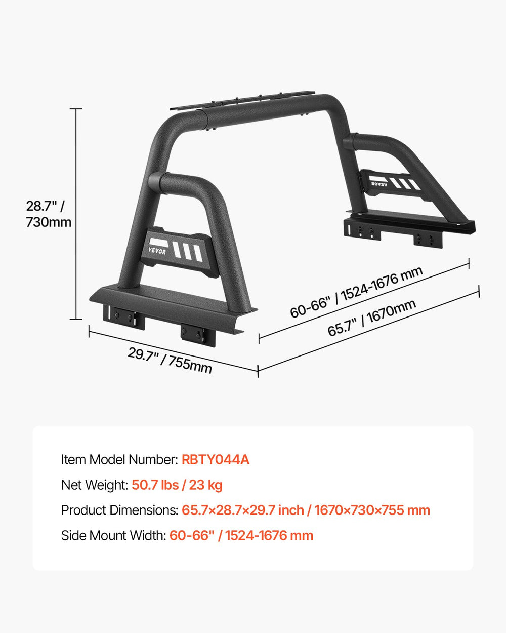 Vevor Truck Bed Roll Bar Universal Chase Rack for Full Size Pickup Carbon Steel New