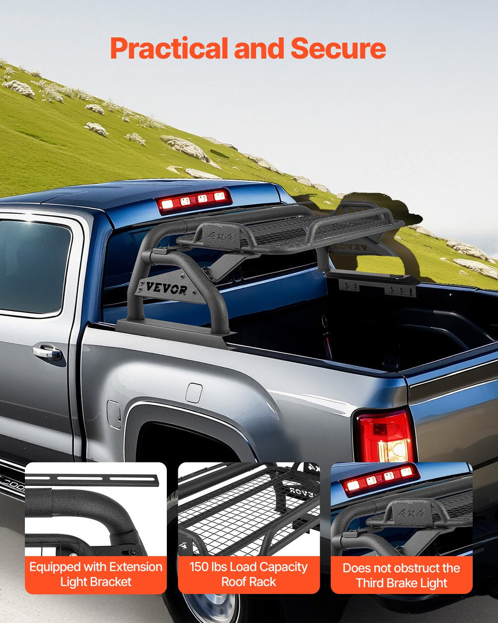 Vevor Truck Bed Roll Bar Universal Chase Rack with Cargo Shelf for Full-Size Pickup New