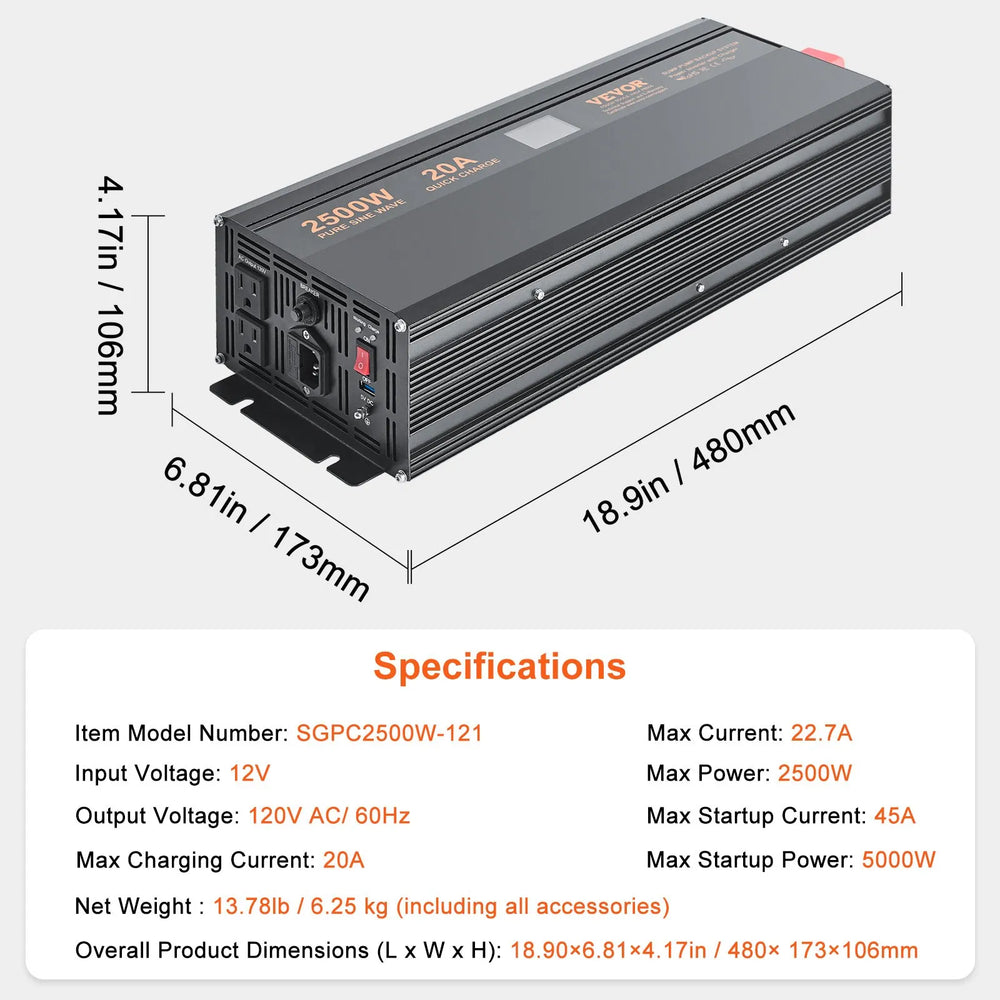Vevor Sump Pump Battery Backup Inverter LCD Display 20A 2500W New