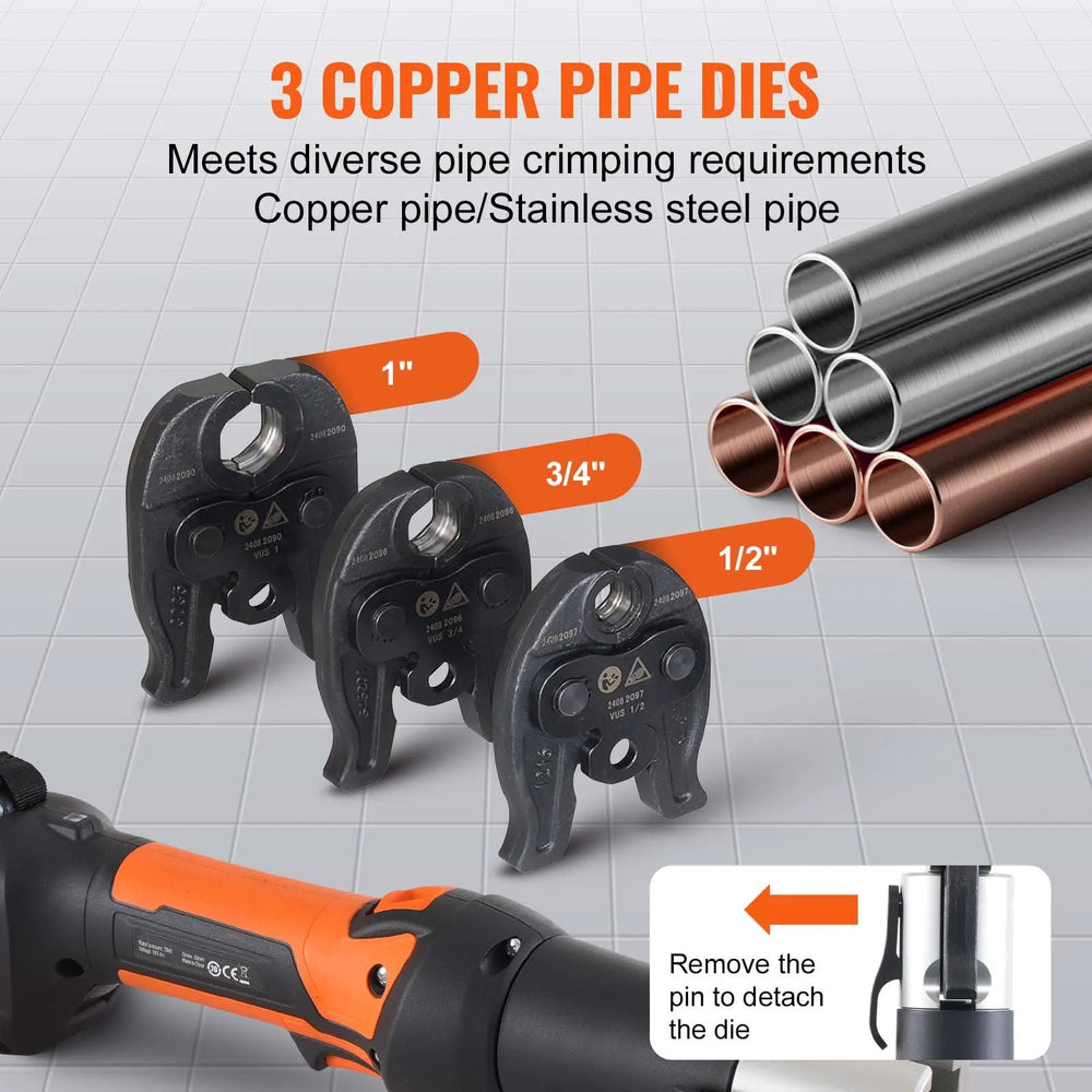 Vevor Pipe Crimping Kit Pro Press Tool Cordless with 3 Jaw Sizes New