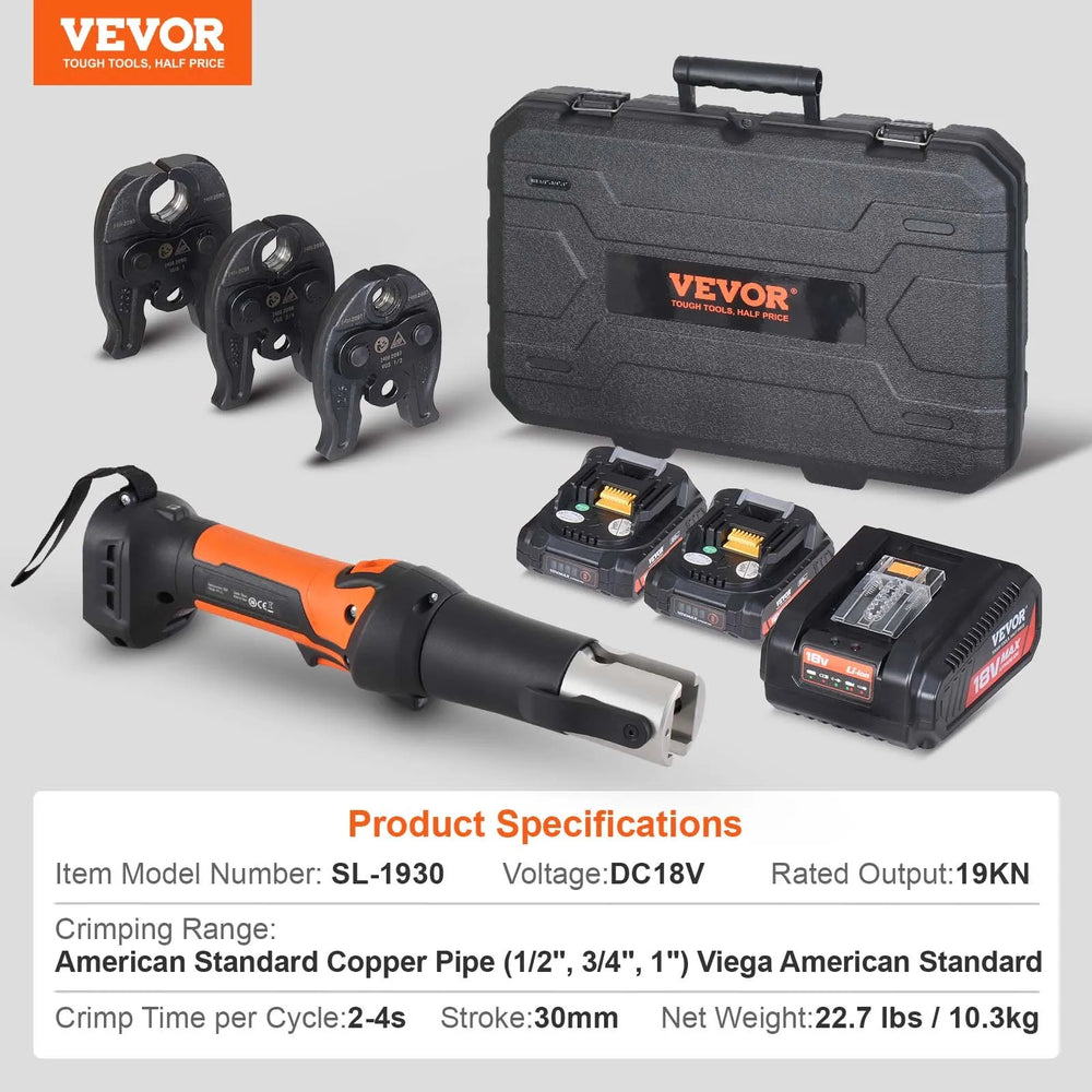 Vevor Pipe Crimping Kit Pro Press Tool Cordless with 3 Jaw Sizes New