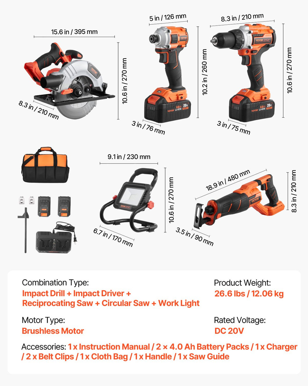 Vevor Power Tool Combo Kit 20V Cordless 5-Piece Set with Batteries New