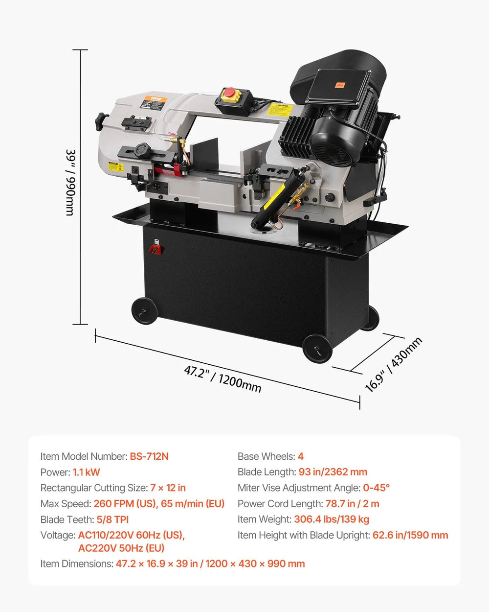 Vevor Metal Band Saw Horizontal & Vertical Cutting 7" x 12" Variable Speed 1100W New