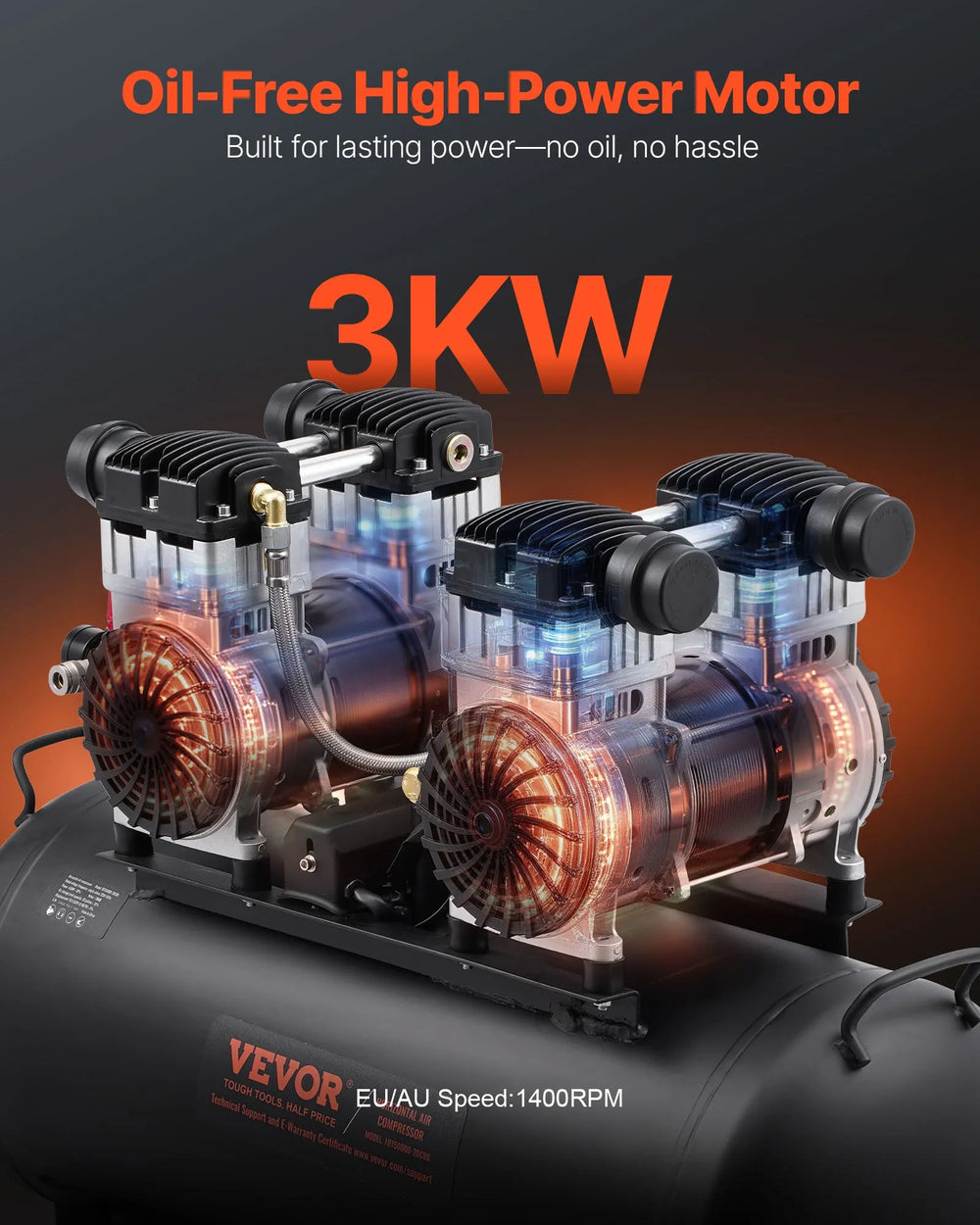 Vevor Air Compressor 20 Gal. Max 125 PSI Oil-Free Horizontal Compact Portable New