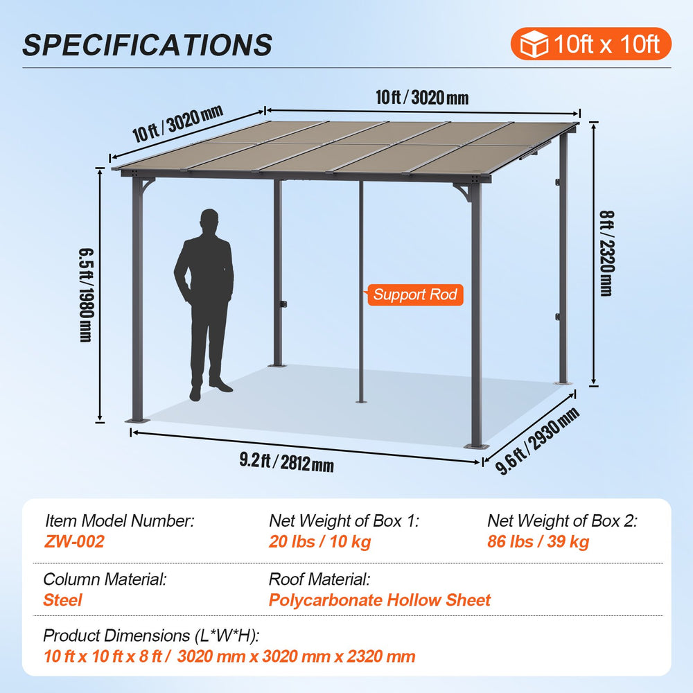 Vevor Lean-To Gazebo for Patio 10' x 10' Hard Top Pergola Aluminum Frame New
