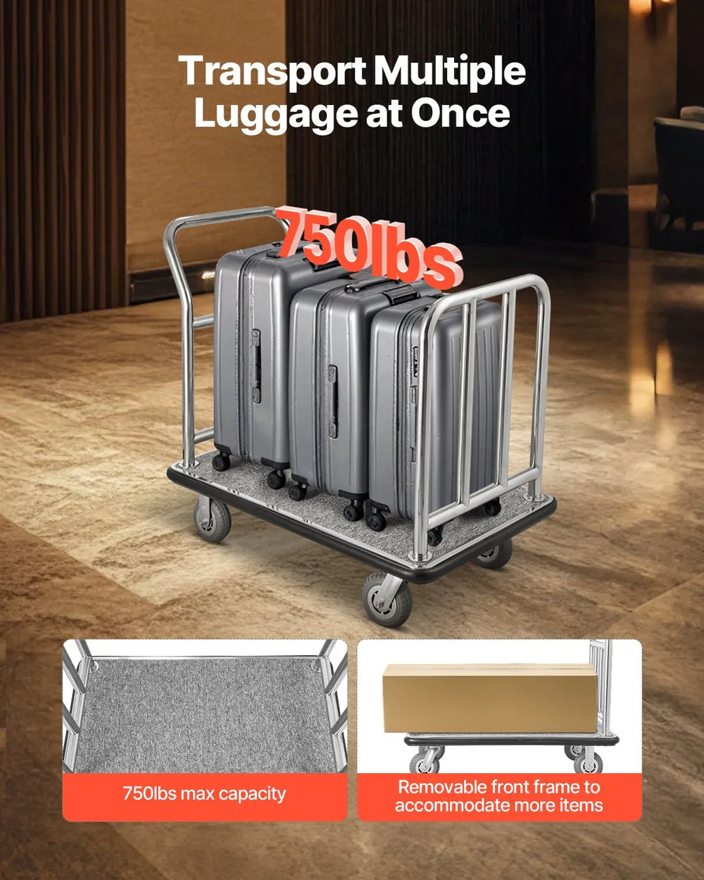 Vevor Hotel Luggage Cart 750 Lbs Platform Truck with Removable Front Frame New