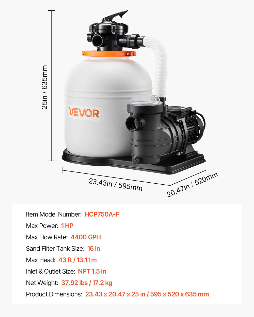 Vevor Pool Sand Filter Pump 16 in. for Above Ground 1 HP 4,400 GPH with Timer New