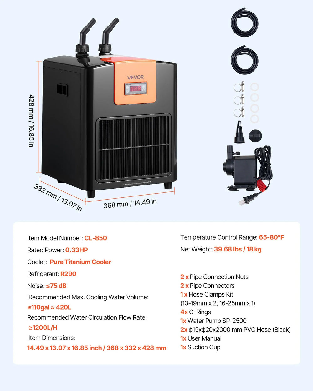 Vevor Aquarium Water Chiller 110 Gallon 1/3 HP Adjustable Temperature New