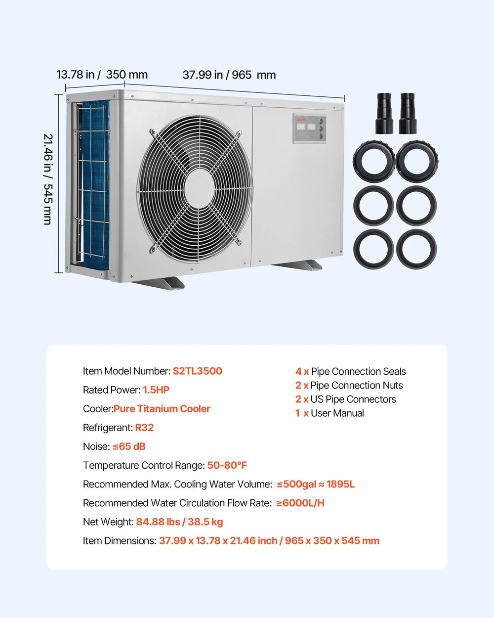 Vevor Aquarium Chiller 500 Gallon Capacity 1.5 HP Adjustable Temperature New
